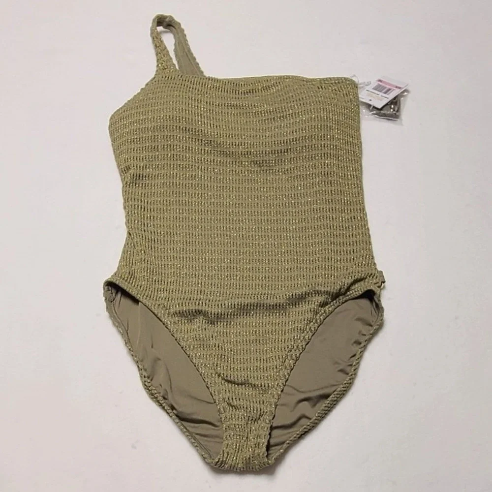 Michael Kors‎ One Shoulder Swimsuit Safari Green Metallic Textured Size 10